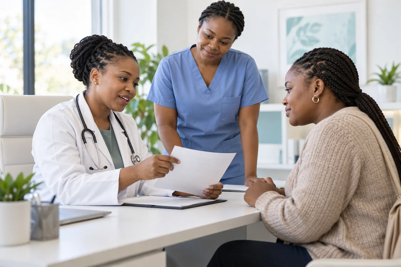 Illustrative healthcare team discussing care options