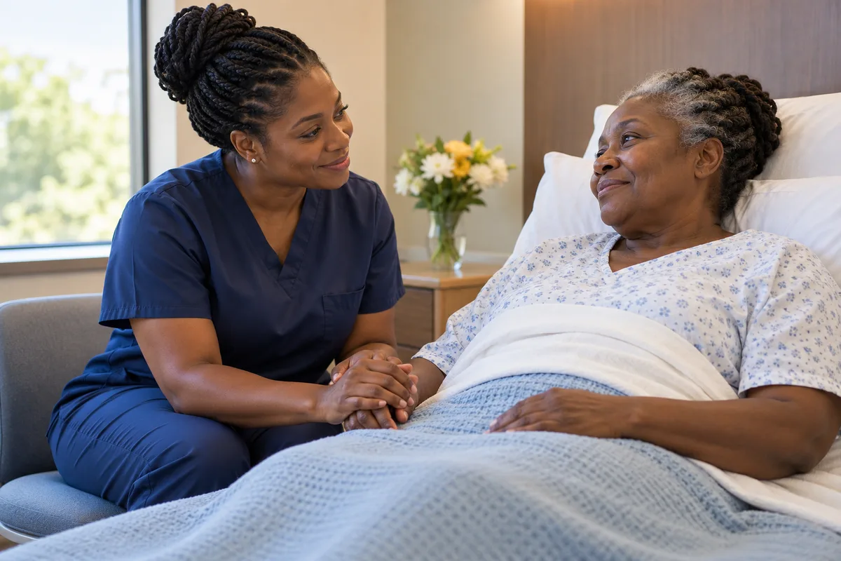 Black nurse offering reassurance to an older Black woman