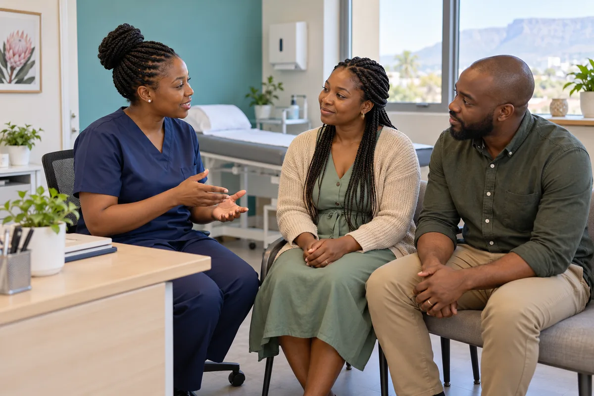 Black nurse speaking with a Black woman and her partner in a consultation room