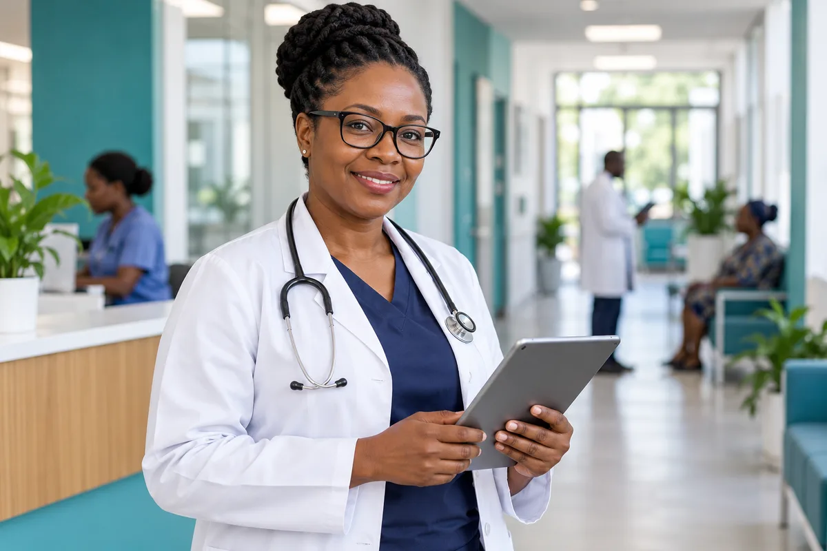 Illustrative Black woman clinician in a bright clinic