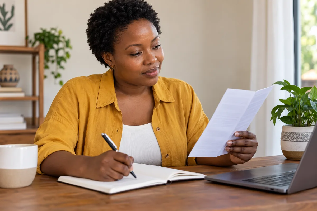 Black woman reviewing healthcare information and writing down questions
