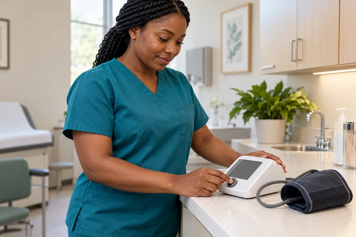 Black nurse checking routine monitoring equipment in a consultation room