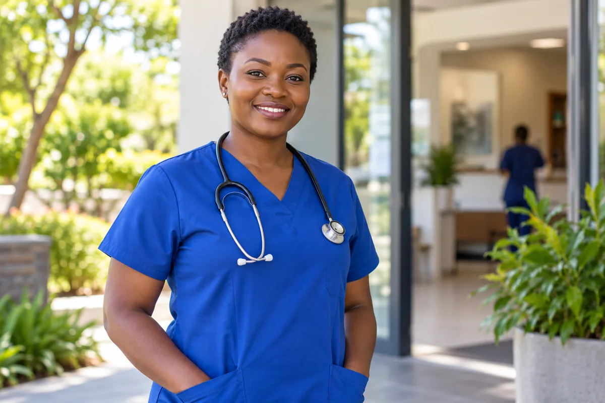 Illustrative Black female nurse in blue scrubs