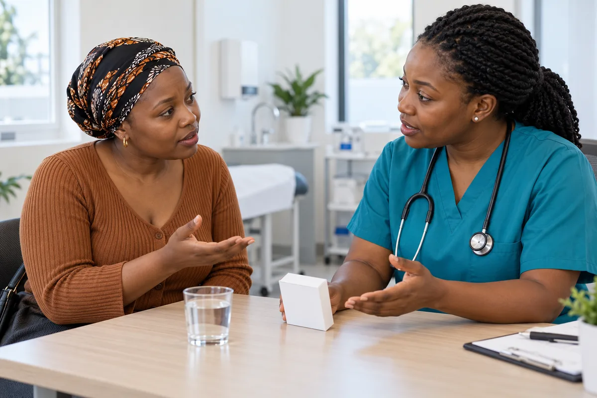 Black healthcare professional discussing medicine information with a Black woman