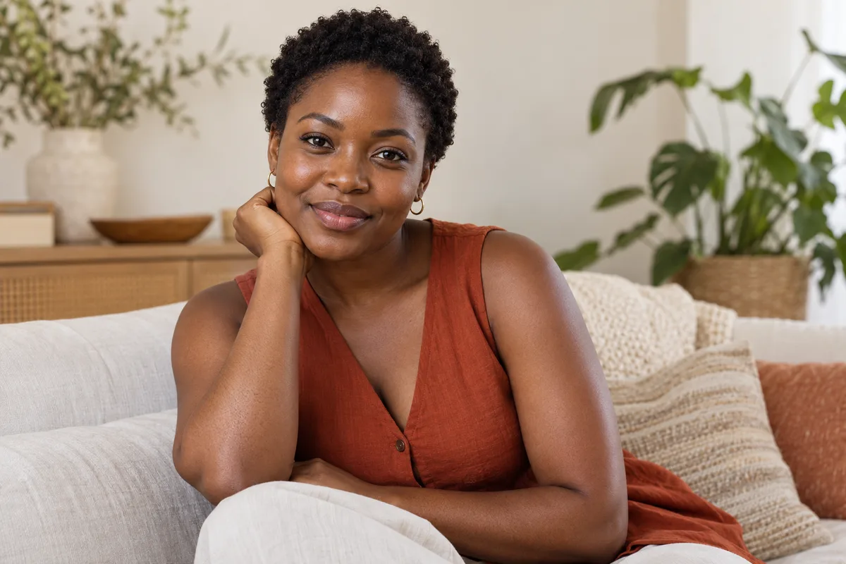Portrait of an adult Black woman in a calm lounge